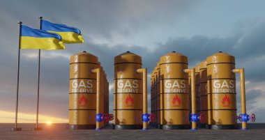 Ukraine gas reserve, Ukraine Gas storage reservoir, Natural gas tank Ukraine with flag Ukraine, sanction on gas, 3D work and 3D image