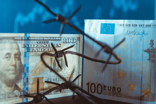 Euro Dollar Conflicts, banknote Dollar and banknote Euro, Euro vs Dollar with barbed wire, Economic crisis