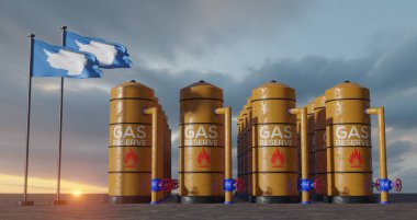 Antarctica gas reserve, Antarctica Gas storage reservoir, Natural gas tank Antarctica with flag Antarctica, sanction on gas, 3D work and 3D image