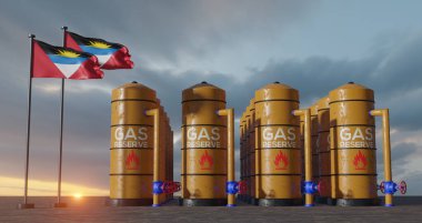Antigua and Barbuda gas reserve, Antigua and Barbuda Gas storage reservoir, Natural gas tank Antigua and Barbuda with flag Antigua and Barbuda, sanction on gas, 3D work and 3D image