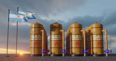 Argentina gas reserve, Argentina Gas storage reservoir, Natural gas tank Argentina with flag Argentina, sanction on gas, 3D work and 3D image