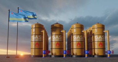 Aruba gas reserve, Aruba Gas storage reservoir, Natural gas tank Aruba with flag Aruba, sanction on gas, 3D work and 3D image
