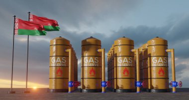 Belarus gas reserve, Belarus Gas storage reservoir, Natural gas tank Belarus with flag Belarus, sanction on gas, 3D work and 3D image