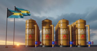 Bahamas gas reserve, Bahamas Gas storage reservoir, Natural gas tank Bahamas with flag Bahamas, sanction on gas, 3D work and 3D image