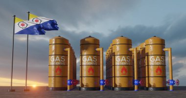 Bonaire gas reserve, Bonaire Gas storage reservoir, Natural gas tank Bonaire with flag Bonaire, sanction on gas, 3D work and 3D image