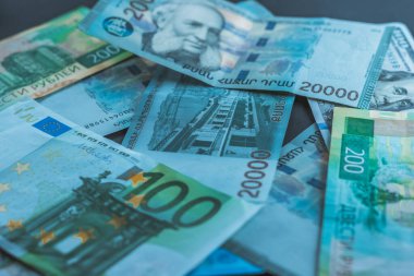 Euro Dollar Dram Ruble banknotes, Economic crisis, Wallpaper business and finance