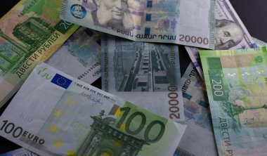 Euro Dollar Dram Ruble banknotes, Economic crisis, Wallpaper business and finance