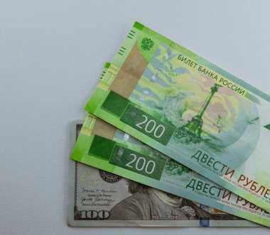 Russian Ruble and 100 US dollars, Ruble banknote and US 100 dollar Wallpaper business and finance