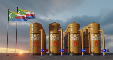 Comoros gas reserve, Comoros Gas storage reservoir, Natural gas tank Comoros with flag Comoros, sanction on gas, 3D work and 3D image