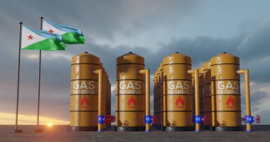 Djibouti gas reserve, Djibouti Gas storage reservoir, Natural gas tank Djibouti with flag Djibouti, sanction on gas, 3D work and 3D image