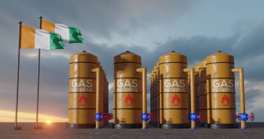 Ivory Coast gas reserve, Ivory Coast Gas storage reservoir, Natural gas tank Ivory Coast with flag Ivory Coast, sanction on gas, 3D work and 3D image;
