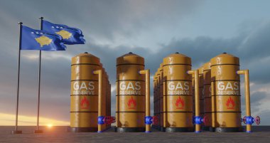Kosovo gas reserve, Kosovo Gas storage reservoir, Natural gas tank Kosovo with flag Kosovo, sanction on gas, 3D work and 3D image