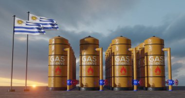 Uruguay gas reserve, Uruguay Gas storage reservoir, Natural gas tank Uruguay with flag Uruguay, sanction on gas, 3D work and 3D image