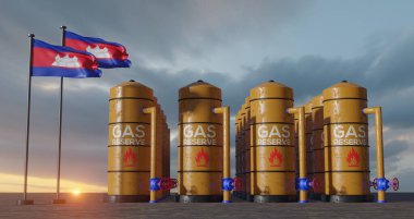 Cambodia gas reserve, Cambodia Gas storage reservoir, Natural gas tank Cambodia with flag Cambodia, sanction on gas, 3D work and 3D image