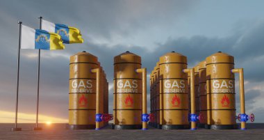 Canary Islands gas reserve, Canary Islands Gas storage reservoir, Natural gas tank Canary Islands with flag Canary Islands, sanction on gas, 3D work and 3D image