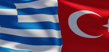 Greece and turkey flags, Blue sky flag Greece and flag turkey, war turkey vs Greece, 3D work and 3D image