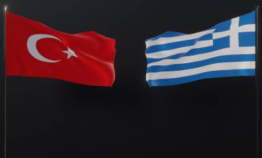 Greece and turkey flags, Blue sky flag Greece and flag turkey, war turkey vs Greece, 3D work and 3D image