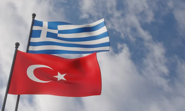 Greece Turkey Flags Blue Sky Flag Greece Flag Turkey War — Stock Photo, Image