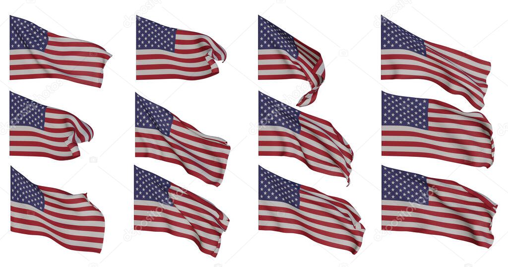 US flag, USA  flags collection, Flags of different shaped 12 flag 3d set on transparent background isolated, 3D work and 3D image