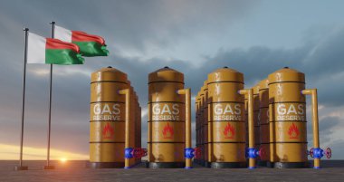 Madagaskar doğalgaz rezervi, Madagaskar doğalgaz deposu Madagaskar bayrağı taşıyan Madagaskar doğal gaz tankı, gaz yaptırımı, 3 boyutlu çalışma ve 3 boyutlu görüntü;