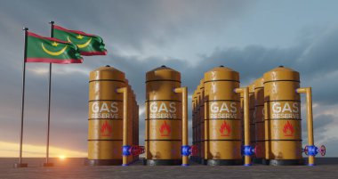 Moritanya doğalgaz rezervi, Moritanya doğalgaz deposu, Mauritania bayrağı taşıyan Moritanya doğal gaz tankı, doğalgaz yaptırımı, 3D çalışma ve 3D görüntü
