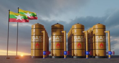 Myanmar gaz rezervi, Myanmar Gaz deposu, Myanmar doğal gaz deposu Myanmar bayrağı, gaz yaptırımı, 3D çalışma ve 3D görüntü