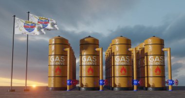 Saint Barthelemy gaz rezervi, Saint Barthelemy doğalgaz deposu Saint Barthelemy bayrağı taşıyan Saint Barthelemy doğal gaz deposu, gaz, 3 boyutlu çalışma ve 3 boyutlu görüntü.