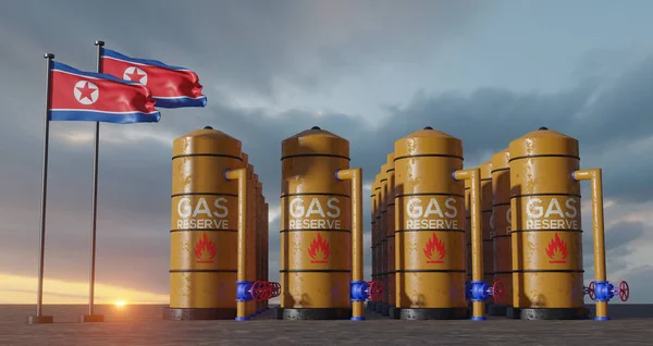 北朝鮮のガス埋蔵量 北朝鮮のガス貯蔵貯水池 北朝鮮の旗を持つ天然ガスタンク北朝鮮 ガスの制裁 3D作業と3D画像 — ストック写真