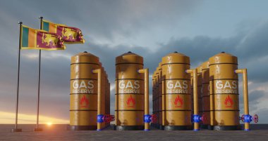 Sri Lanka doğalgaz rezervi, Sri Lanka doğalgaz deposu, Sri Lanka bayrağı taşıyan Sri Lanka doğal gaz tankı, doğalgaz uygulaması, 3D çalışma ve 3D görüntü
