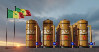 Senegal doğalgaz rezervi, Senegal doğalgaz deposu, Senegal bayrağı taşıyan Senegal doğal gaz tankı, gaz yaptırımı, 3D çalışma ve 3D görüntü