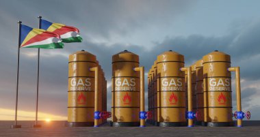 Seyşeller doğalgaz rezervi, Seyşeller doğalgaz deposu, Seyşeller bayrağı taşıyan doğal gaz tankı, benzine yaptırım, 3D iş ve 3D görüntü