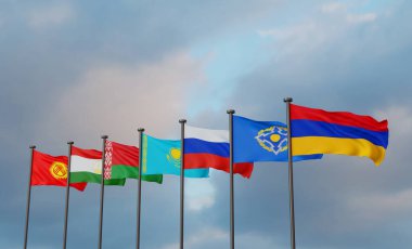 CSTO Kolektif Güvenlik Antlaşması Savaş Karşıtı Ermenistan ve Azerbaijan, Ermenistan 'a Destek, Mavi Gökyüzü Arkaplanı Bayrakları, 3D çalışma ve 3D illüstrasyon.