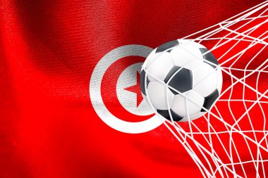 FIFA Dünya Kupası 2022, Tunus Milli Bayrağı ve ağ içinde bir futbol topu, Katar 2022 Duvar Kağıdı, 3D çalışma ve 3D görüntü. Erivan, Ermenistan - 16 Eylül 2022