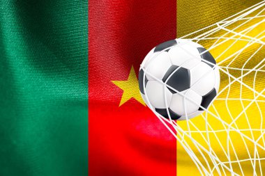 FIFA Dünya Kupası 2022, Kamerun Ulusal Bayrağı ve net futbol topu, Katar 2022 Duvar Kağıdı, 3D çalışma ve 3D görüntü. Erivan, Ermenistan - 16 Eylül 2022