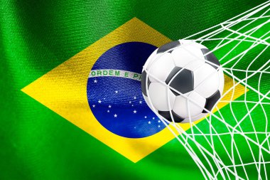 FIFA Dünya Kupası 2022, Brezilya Milli Bayrağı ve ağ içinde bir futbol topu, Katar 2022 Duvar Kağıdı, 3D çalışma ve 3D görüntü. Erivan, Ermenistan - 16 Eylül 2022