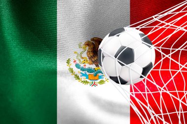 FIFA Dünya Kupası 2022, Meksika Milli Bayrağı ve ağ içinde bir futbol topu, Katar 2022 Duvar Kağıdı, 3D çalışma ve 3D görüntü. Erivan, Ermenistan - 16 Eylül 2022