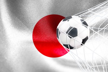 FIFA Dünya Kupası 2022, kalede futbol topu, Katar 2022 Duvar Kağıdı, 3D çalışma ve 3D görüntü ile Japonya Ulusal Bayrağı. Erivan, Ermenistan - 16 Eylül 2022