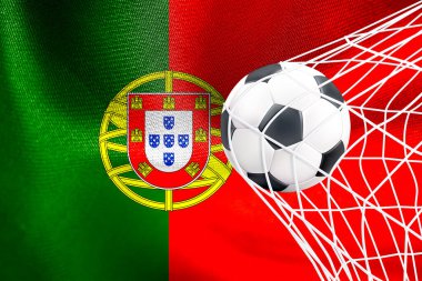FIFA Dünya Kupası 2022, Portekiz Milli Bayrağı ve ağ içinde bir futbol topu, Katar 2022 Duvar Kağıdı, 3D çalışma ve 3D görüntü. Erivan, Ermenistan - 16 Eylül 2022