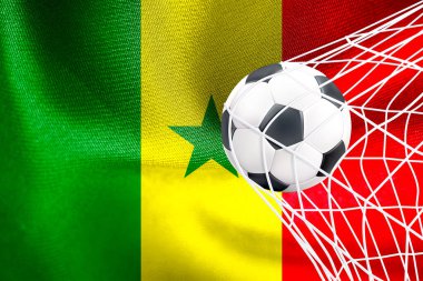 FIFA Dünya Kupası 2022, Senegal Ulusal Bayrağı ve ağ içinde bir futbol topu, Katar 2022 Duvar Kağıdı, 3D çalışma ve 3D görüntü. Erivan, Ermenistan - 16 Eylül 2022