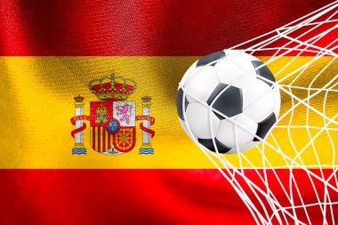 FIFA Dünya Kupası 2022, İspanya Milli Bayrağı ve ağ içinde bir futbol topu, Katar 2022 Duvar Kağıdı, 3D çalışma ve 3D görüntü. Erivan, Ermenistan - 16 Eylül 2022