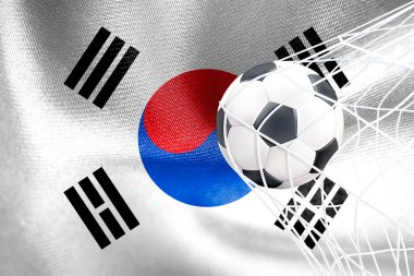 FIFA Dünya Kupası 2022, Güney Kore Milli Bayrağı ve net futbol topu, Katar 2022 Duvar Kağıdı, 3D çalışma ve 3D görüntü. Erivan, Ermenistan - 16 Eylül 2022