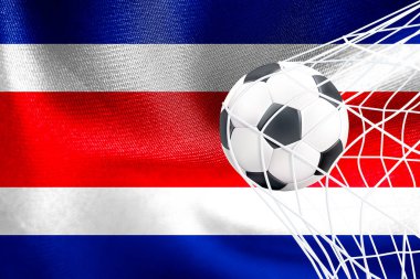 FIFA Dünya Kupası 2022, Kosta Rika Milli Bayrağı, kalede futbol topu, Katar 2022 Duvar kağıdı, 3D çalışma ve 3D görüntü. Erivan, Ermenistan - 16 Eylül 2022