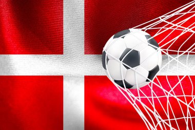 FIFA Dünya Kupası 2022, ağda futbol topu bulunan Danimarka Ulusal Bayrağı, Katar 2022 Duvar Kağıdı, 3D çalışma ve 3D görüntü. Erivan, Ermenistan - 16 Eylül 2022;