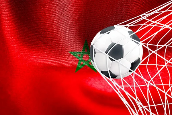 FIFA Dünya Kupası 2022, Fas Milli Bayrağı ve net futbol topu, Katar 2022 Duvar Kağıdı, 3D çalışma ve 3D görüntü. Erivan, Ermenistan - 16 Eylül 2022