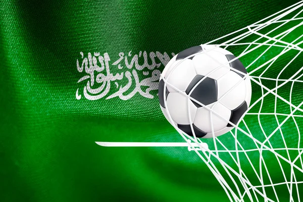 FIFA Dünya Kupası 2022, Suudi Arabistan Ulusal Bayrağı ve ağ içinde bir futbol topu, Katar 2022 Duvar Kağıdı, 3D çalışma ve 3D görüntü. Erivan, Ermenistan - 16 Eylül 2022