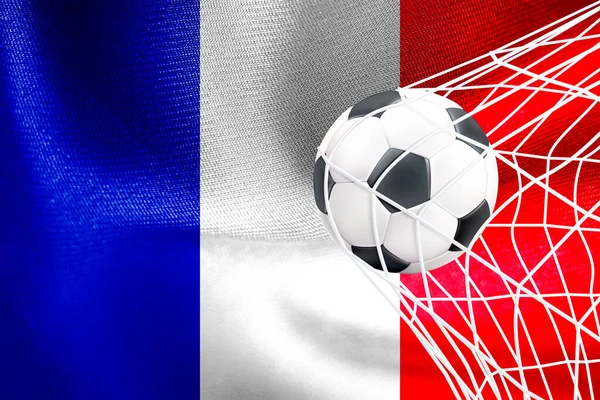 FIFA Dünya Kupası 2022, Fransa Milli Bayrağı ve ağ içinde bir futbol topu, Katar 2022 Duvar Kağıdı, 3D çalışma ve 3D görüntü. Erivan, Ermenistan - 16 Eylül 2022:
