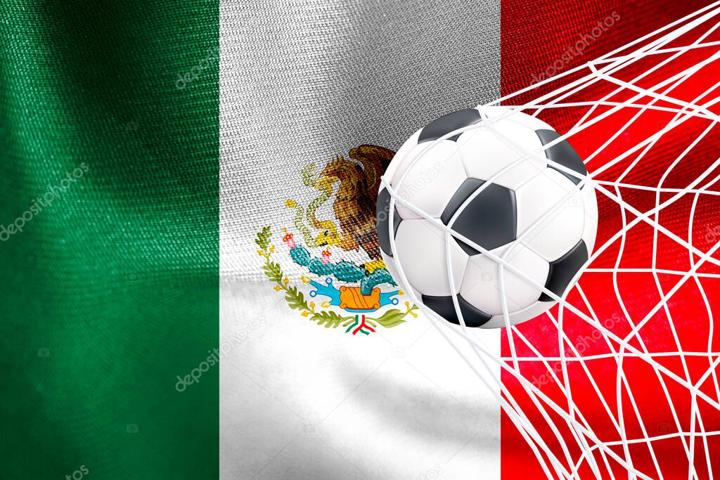 FIFA World Cup 2022, Mexico National flag with a soccer ball in net, Qatar 2022 Wallpaper, 3D work and 3D image. Yerevan, Armenia - 2022 September 16