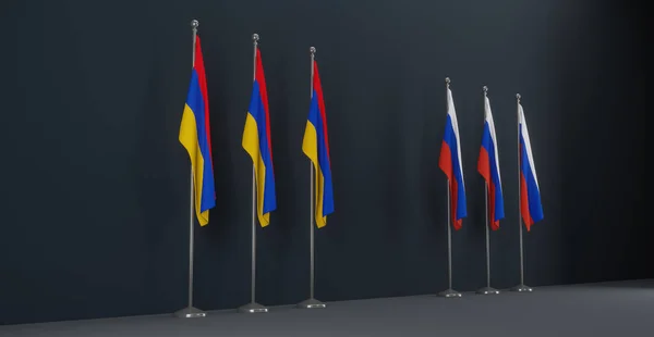 亚美尼亚和俄罗斯的谈判 亚美尼亚国旗和俄罗斯国旗在峰会上的展示 3D作品和3D插图 — 图库照片