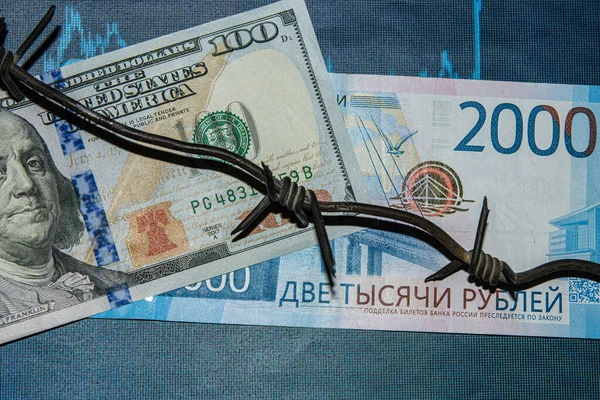 Ruský Rubl Dolar Konflikty Bankovky Dolar Bankovky Ruský Rubl Ruský — Stock fotografie