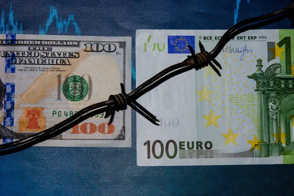 Euro Dollar Conflicts, banknote Dollar and banknote Euro, Euro vs Dollar, Economic crisis